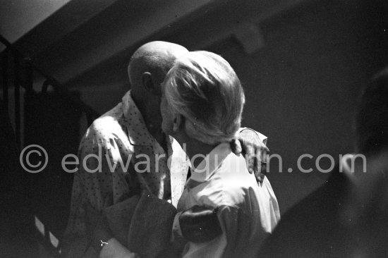 Pablo Picasso and Romuald Dor de la Souchère, founder and curator of the Grimaldi Museum, Antibes, later Musée Pablo Picasso. Opening of Jacques Prévert exhibition "Images de Jacques Prévert", August 6, 1963. Château d\'Antibes 1963. - Photo by Edward Quinn