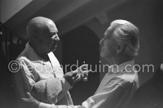 Pablo Picasso and Romuald Dor de la Souchère, founder and curator of the Grimaldi Museum, Antibes, later Musée Pablo Picasso. Opening of Jacques Prévert exhibition "Images de Jacques Prévert", August 6, 1963. Château d\'Antibes 1963. - Photo by Edward Quinn