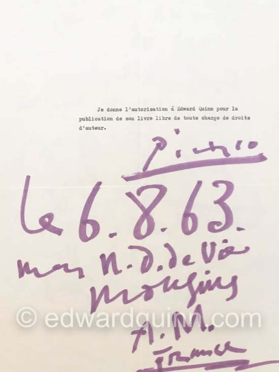 Authorization by Pablo Picasso for Edward Quinn for a book. Mougins 6.8.63. - Photo by Edward Quinn