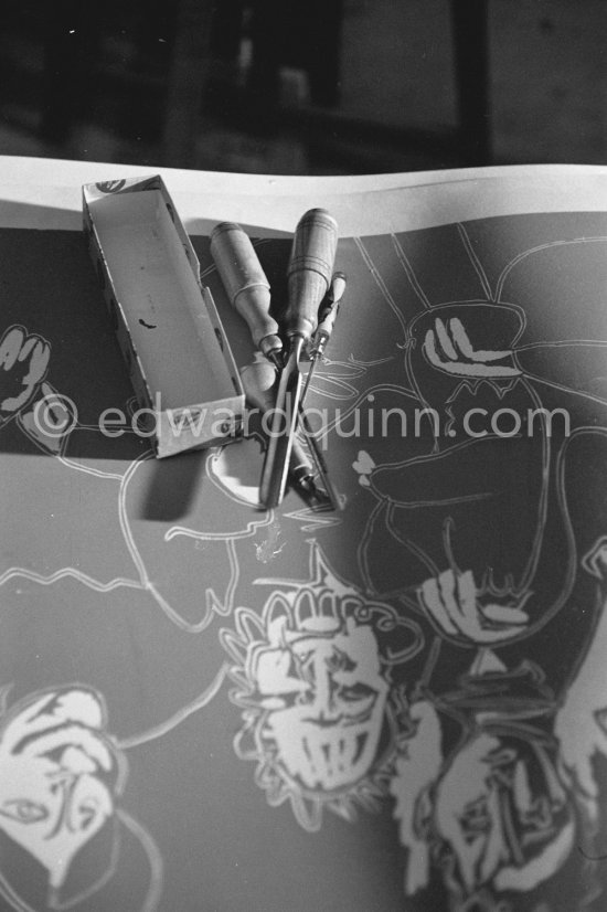 Pablo Picasso’s linocut instruments. Mas Notre-Dame-de-Vie, Mougins 1964. - Photo by Edward Quinn