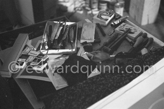 Pablo Picasso’s linocut instruments. Mas Notre-Dame-de-Vie, Mougins 1964. - Photo by Edward Quinn