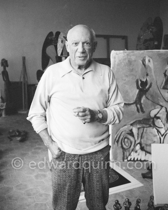 Pablo Picasso in the room that became known as the viewing room. He would arrange his work so that he could see it from the living room every time he passed. He liked to bring his close friends there for a private viewing. Mas Notre-Dame-de-Vie, Mougins 1964. - Photo by Edward Quinn