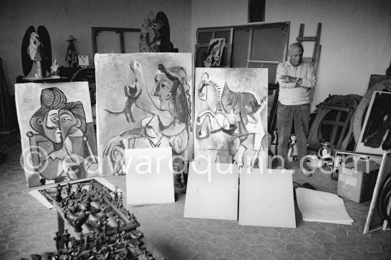 Pablo Picasso in the room that became known as the viewing room. He would arrange his work so that he could see it from the living room every time he passed. He liked to bring his close friends there for a private viewing. Mas Notre-Dame-de-Vie, Mougins 1964. - Photo by Edward Quinn