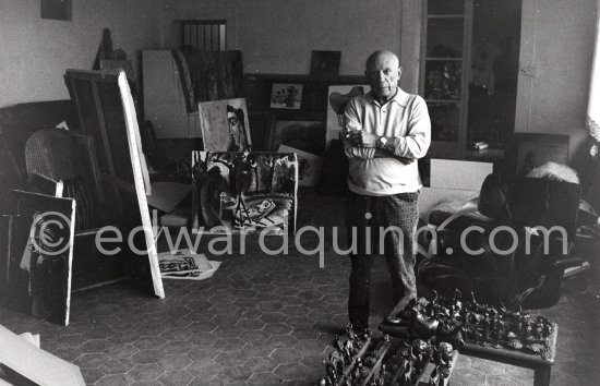 Pablo Picasso  in the room that became known as the viewing room. He would arrange his work so that he could see it from the living room every time he passed. He liked to bring his close friends there for a private viewing. Mas Notre-Dame-de-Vie, Mougins 1964. (Digitized from Vintage Print, original negative missing) - Photo by Edward Quinn