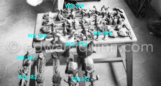 Detail of Pic640144, some sculptures are pairs. Mas Notre-Dame-de-Vie, Mougins 1964. - Photo by Edward Quinn