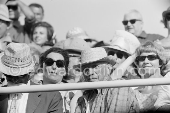 Pablo Picasso and Jacqueline attending a bullfight. Not identified lady on the right. Fréjus 1965. (Photos of this bullfight in the bull ring see "Miscellaneous") - Photo by Edward Quinn