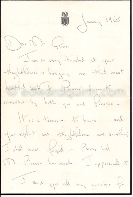 Thank-you letter (front) of Jacqueline Kennedy for the book "Pablo Picasso at work" dedicated to her by Edward Quinn and Pablo Picasso, New York, January 1965 - Photo by Edward Quinn