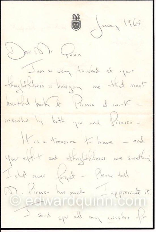 Thank-you letter (front) of Jacqueline Kennedy for the book "Pablo Picasso at work" dedicated to her by Edward Quinn and Pablo Picasso, New York, January 1965 - Photo by Edward Quinn