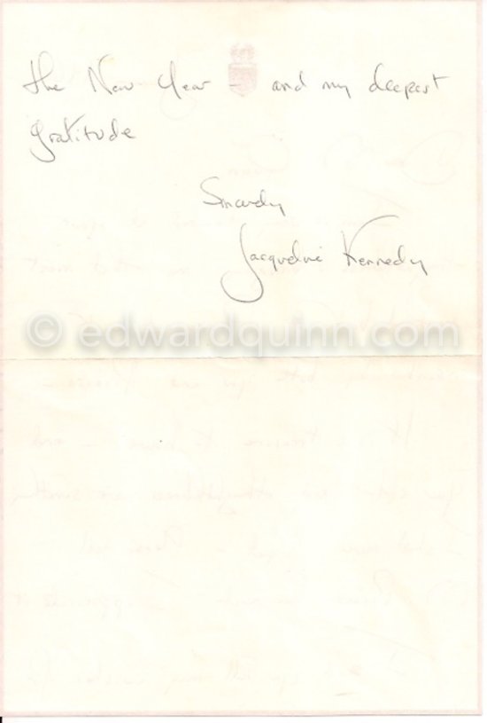 Thank-you letter (back) of Jacqueline Kennedy for the book "Pablo Picasso at work" dedicated to her by Edward Quinn and Pablo Picasso, New York, January 1965 - Photo by Edward Quinn