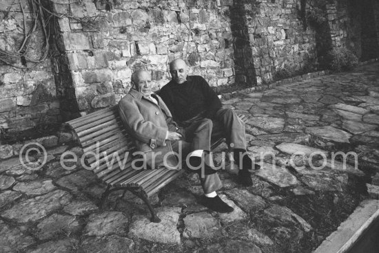 Pablo Picasso and Dr. Jacques Hepp, the surgeon who operated on him, in the gardens of Mas Notre-Dame-de-Vie. First photos after surgery at British-American Hospital in Paris. Mougins 1965. - Photo by Edward Quinn