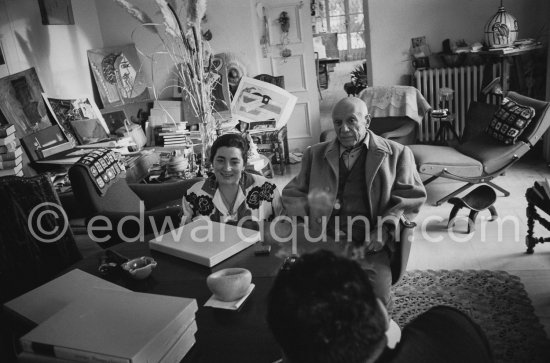 Jacqueline and Pablo Picasso. One of the first photos after his surgery at the British-American Hospital in Paris. Notre-Dame-De-Vie, Mougins 1965. - Photo by Edward Quinn