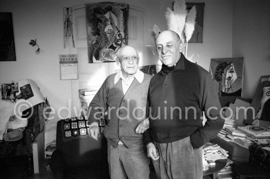 Pablo Picasso and Dr. Jacques Hepp (surgeon). First photos after surgery at British-American Hospital in Paris. Mas Notre-Dame-de-Vie, Mougins 1965. - Photo by Edward Quinn