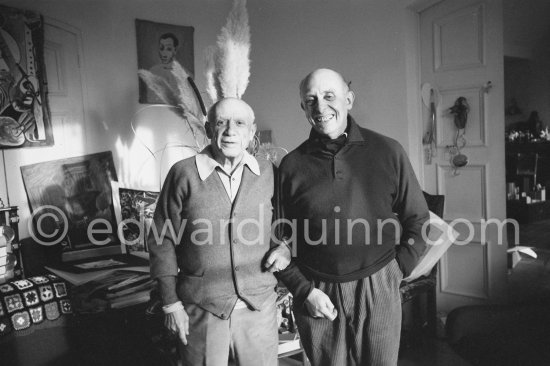 Pablo Picasso and Dr. Jacques Hepp (surgeon). First photos after surgery at British-American Hospital in Paris. Mas Notre-Dame-de-Vie, Mougins 1965. - Photo by Edward Quinn