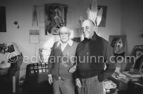 Pablo Picasso and Dr. Jacques Hepp (surgeon). First photos after surgery at British-American Hospital in Paris. Mas Notre-Dame-de-Vie, Mougins 1965. - Photo by Edward Quinn