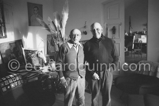 Pablo Picasso and Dr. Jacques Hepp (surgeon). First photos after surgery at British-American Hospital in Paris. Mas Notre-Dame-de-Vie, Mougins 1965. - Photo by Edward Quinn