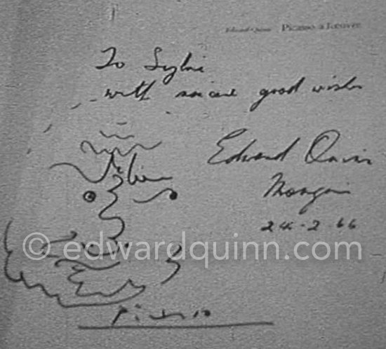 Film still "Pablo Picasso a Portrait" by Edward Quinn. Sylvie, a former nurse of Pablo Picasso who gets a book "Pablo Picasso à l'oeuvre" by Edward Quinn. Signed and dedicated by Pablo Picasso and Quinn "To Sylvie with good wishes" 24.2.1966. Mougins Mas Notre-Dame-de-Vie 1966. - Photo by Edward Quinn