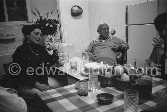 Pablo Picasso at the birthday dinner for Jacqueline (24.2.66). Mas Notre-Dame-de-Vie, Mougins 1966. - Photo by Edward Quinn