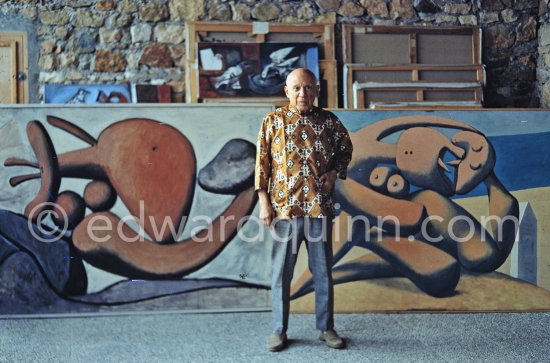 One day Quinn asked Pablo Picasso if he could photograph the top floor studios. He agreed and prcoeeded to take out, one by one, old and new paintings from his collection. This work Pablo Picasso remembered Quinn photographed him painting in 1955 (see 550853 - 550929). Mas Notre-Dame-de-Vie, Mougins 1967. - Photo by Edward Quinn