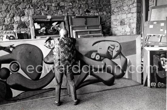 One day Quinn asked Pablo Picasso if he could photograph the top floor studios. He agreed and prcoeeded to take out, one by one, old and new paintings from his collection. This work Pablo Picasso remembered Quinn photographed him painting in 1955 (see 550853 - 550929). Mas Notre-Dame-de-Vie, Mougins 1967. (Digitized from Vintage Print, original negative missing) - Photo by Edward Quinn