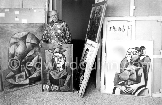 One day Quinn asked Pablo Picasso if he could photograph the top floor studios. He agreed and prcoeeded to take out, one by one, old and new paintings from his collection. Mas Notre-Dame-de-Vie, Mougins 1967. (Digitized from Vintage Print, original negative missing) - Photo by Edward Quinn