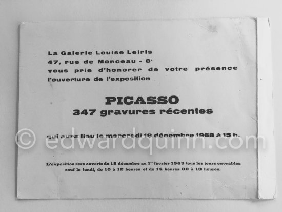 Original invitation to the opening of the Exhibition "Pablo Picasso. 347 gravures récentes". 18.12.1968-1.2.1969. La Galerie Louise Leiris. 47, rue de Monceau, Paris 1968. - Photo by Edward Quinn