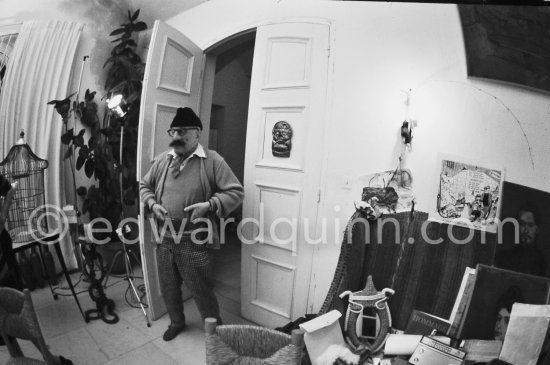 Metamorphosis was key not only in Pablo Picasso's work but also in his private life. He had a fantastic range of hats, caps, and other headgear from all over the world and liked to use them whenever he met a visitor for the first time. Mas Notre-Dame-de-Vie, Mougins 30.12.1969. - Photo by Edward Quinn