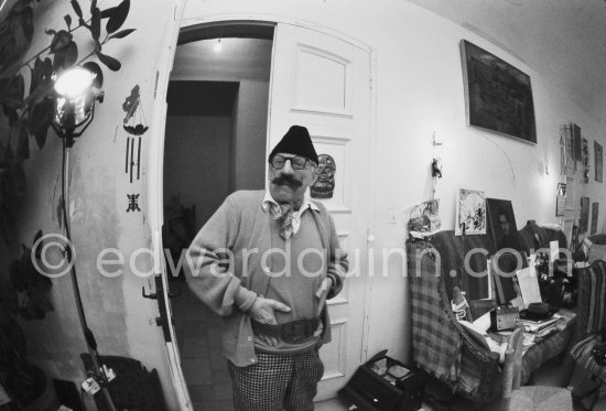 Metamorphosis was key not only in Pablo Picasso's work but also in his private life. He had a fantastic range of hats, caps, and other headgear from all over the world and liked to use them whenever he met a visitor for the first time. Mas Notre-Dame-de-Vie, Mougins 30.12.1969. - Photo by Edward Quinn