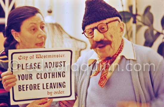 Pablo Picasso and Myriam Hepp, Dr. Hepp's wife. Metamorphosis was key not only in Pablo Picasso's work but also in his private life. He had a fantastic range of hats, caps, and other headgear from all over the world and liked to use them whenever he met a visitor for the first time. Here he is with his surgeon Dr. Hepp's wife Myriam. Mas Notre-Dame-de-Vie, Mougins 30.12.1969. - Photo by Edward Quinn