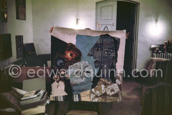 Jacqueline holding tapisserie after "Femmes à leur toilette". Mas Notre-Dame-de-Vie, Mougins 1969. - Photo by Edward Quinn