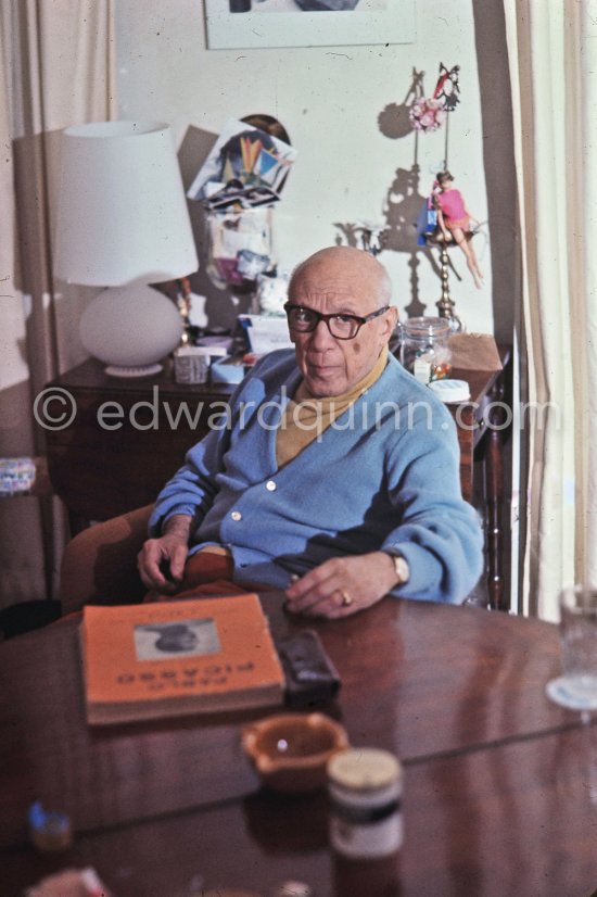 Pablo Picasso holding a small erotic bronze, Priapus, inspired by some primitive sculptures that had always interested and intrigued him. Mas Notre-Dame-de-Vie, Mougins 1969. - Photo by Edward Quinn