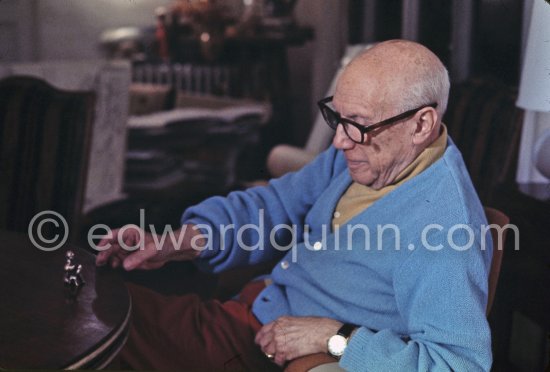 Pablo Picasso holding a small erotic bronze, Priapus, inspired by some primitive sculptures that had always interested and intrigued him. Mas Notre-Dame-de-Vie, Mougins 1969. - Photo by Edward Quinn