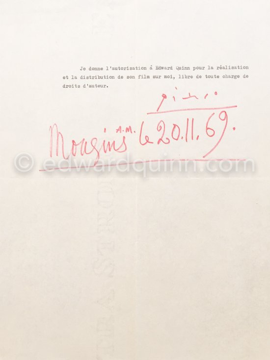 Authorization by Pablo Picasso for Edward Quinn for a film. Mougins le 20.11.69 - Photo by Edward Quinn