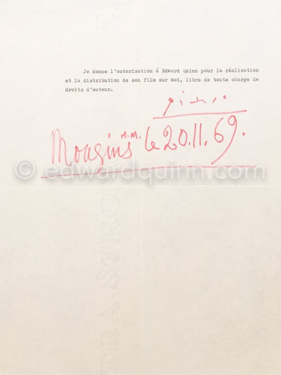 Authorization by Pablo Picasso for Edward Quinn for a film. Mougins le 20.11.69 - Photo by Edward Quinn