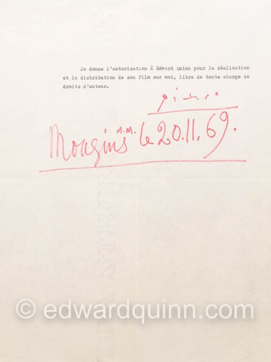 Authorization by Pablo Picasso for Edward Quinn for a film. Mougins le 20.11.69 - Photo by Edward Quinn