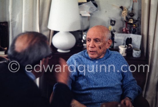 Pablo Picasso and Siegfried Rosengart, Gallery owner in Lucerne. Mas Notre-Dame-de-Vie, Mougins 17.4.1970. (the day of Apollo 13 returning to earth) - Photo by Edward Quinn