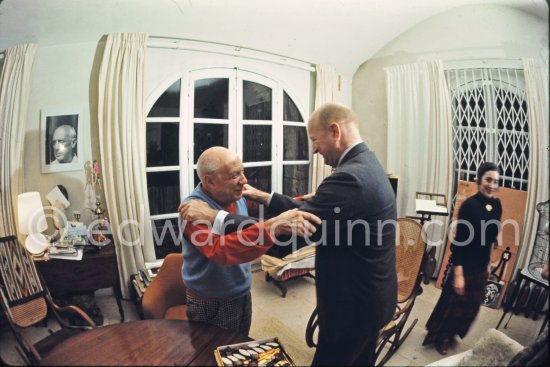 Pablo Picasso and William Hartmann, architect who persuaded Pablo Picasso to create "Tête", the Chicago Civic Center Work (Chicago Pablo Picasso) at Chicago\'s Daley Plaza. Mas Notre-Dame-de-Vie, Mougins 1970. - Photo by Edward Quinn