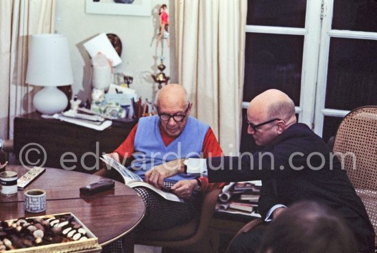 Pablo Picasso and William Hartmann, architect who persuaded Pablo Picasso to create Daley Center work, Chicago. Mas Notre-Dame-de-Vie, Mougins 1970. - Photo by Edward Quinn