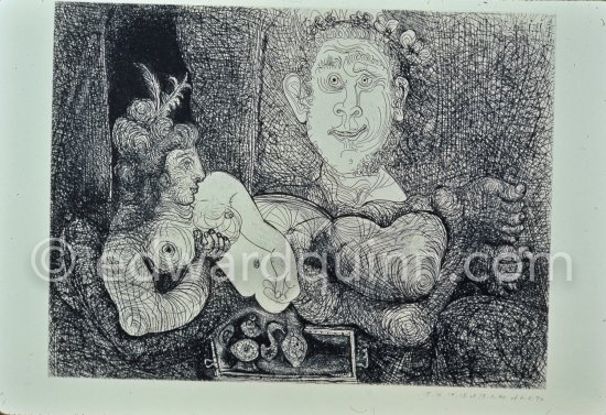 Etching "Les coulisses du tableau: odalisque et peintre", 1970. Mas Notre-Dame-de-Vie, Mougins 1970.T his photo sequence was made during the making of Quinn’s film "Pablo Picasso l' homme et son oeuvre". "When Pablo Picasso was eighty-nine he asked Quinn to film him making a drypoint in order to demonstrate the steadiness of his hand". (Quinn in conversation with Marilyn McCully 1983) - Photo by Edward Quinn