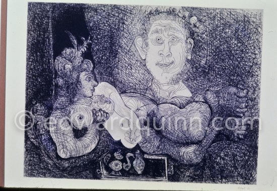 Etching "Les coulisses du tableau: odalisque et peintre", 1970. Mas Notre-Dame-de-Vie, Mougins 1970.T his photo sequence was made during the making of Quinn’s film "Pablo Picasso l' homme et son oeuvre". "When Pablo Picasso was eighty-nine he asked Quinn to film him making a drypoint in order to demonstrate the steadiness of his hand". (Quinn in conversation with Marilyn McCully 1983) - Photo by Edward Quinn