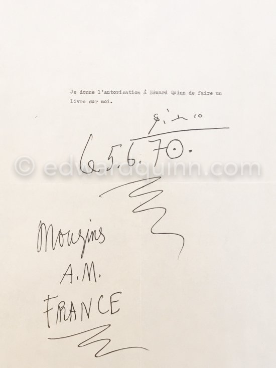 Authorization by Pablo Picasso for Edward Quinn for a book. Mougins le 6.5.70 - Photo by Edward Quinn