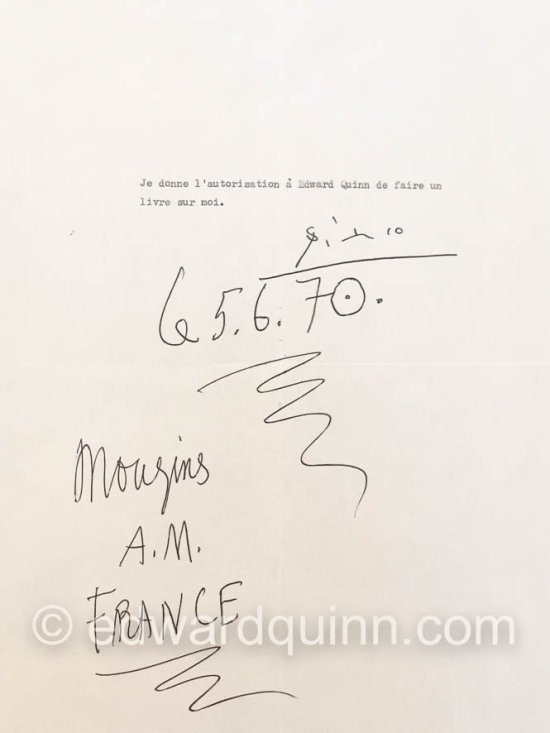 Authorization by Pablo Picasso for Edward Quinn for a book. Mougins le 6.5.70 - Photo by Edward Quinn