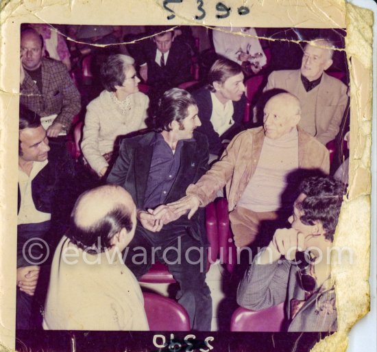 Premiere of Edward Quinn's documentary "Pablo Picasso - a portrait". From left Edward Quinn, Pablo Picasso. In the backround far right Georges Ramié and Aldo Crommelynck. Cannes 1970. Photographer unknown - Photo by Edward Quinn