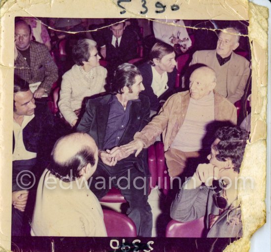 Premiere of Edward Quinn\'s documentary "Pablo Picasso - a portrait". From left Edward Quinn, Pablo Picasso. In the backround far right Georges Ramié and Aldo Crommelynck. Cannes 1970. Photographer unknown - Photo by Edward Quinn