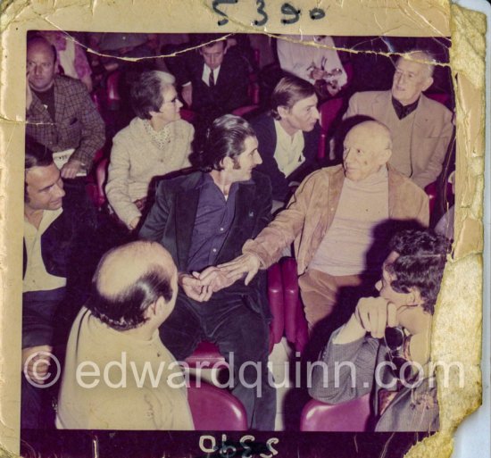 Premiere of Edward Quinn\'s documentary "Pablo Picasso - a portrait". From left Edward Quinn, Pablo Picasso. In the backround far right Georges Ramié and Aldo Crommelynck. Cannes 1970. Photographer unknown - Photo by Edward Quinn