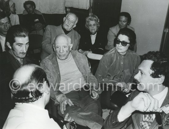Premiere of Edward Quinn's documentary "Pablo Picasso - a portrait". From left Edward Quinn, Pablo Picasso, Jacqueline. In the backround Aldo Crommelynck, Georges and Suzanne Ramié. Cannes 1970. Photographer unknown - Photo by Edward Quinn