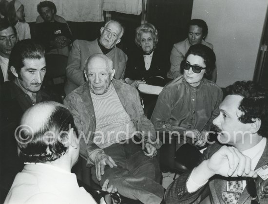 Premiere of Edward Quinn\'s documentary "Pablo Picasso - a portrait". From left Edward Quinn, Pablo Picasso, Jacqueline. In the backround Aldo Crommelynck, Georges and Suzanne Ramié. Cannes 1970. Photographer unknown - Photo by Edward Quinn