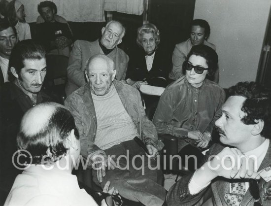 Premiere of Edward Quinn\'s documentary "Pablo Picasso - a portrait". From left Edward Quinn, Pablo Picasso, Jacqueline. In the backround Aldo Crommelynck, Georges and Suzanne Ramié. Cannes 1970. Photographer unknown - Photo by Edward Quinn