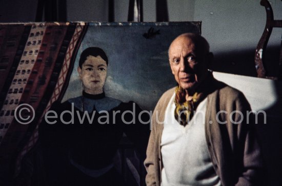 Pablo Picasso with the painting by Henri Rousseau, "Portrait de femme", 1895. One of the last photos of Pablo Picasso by Edward Quinn. (Scenes in the documentary film "Pablo Picasso l'homme et son oeuvre" by Edward Quinn). Mas Notre-Dame-de-Vie, Mougins 7. Jan 1972. - Photo by Edward Quinn