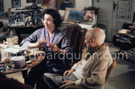 Pablo Picasso and Jacqueline. One of the last photos of Pablo Picasso by Edward Quinn. (Scenes in the documentary film "Pablo Picasso l'homme et son oeuvre" by Edward Quinn). Mas Notre-Dame-de-Vie, Mougins 7. Jan 1972. - Photo by Edward Quinn
