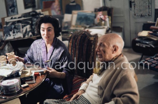 Pablo Picasso and Jacqueline. One of the last photos of Pablo Picasso by Edward Quinn (Scenes in the documentary film "Pablo Picasso l'homme et son oeuvre" by Edward Quinn). Mas Notre-Dame-de-Vie, Mougins 7. Jan 1972. - Photo by Edward Quinn